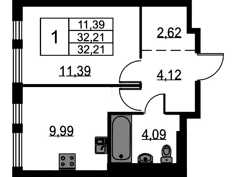 1-комнатная квартира 32.21 м², 6/12 эт., ЖК «Невская Долина»